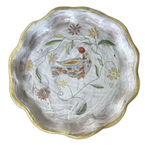 Large Bird Serving Decorative Platter Art Studio Pottery 13" White Yellow Signed